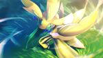  absurdres alternate_color blurry commentary gen_7_pokemon grass green_eyes higa-tsubasa highres legs_apart looking_up lurantis no_humans pokemon pokemon_(creature) shiny shiny_pokemon solo standing 