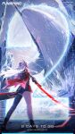 1girl alpha:_crimson_abyss_(pgr) alpha_(pgr) animal asymmetrical_legwear bandaged_leg bandages boots coat countdown highres holding holding_sword holding_weapon long_hair looking_up mechanical_arms narwhal official_art promotional_art punishing:_gray_raven red_eyes short_shorts shorts sword weapon white_background 