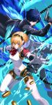  1boy 1girl absurdres aigis_(persona) android armband blonde_hair blue_hair cardigan choker digital_walkman earphones_removed evoker finger_cannon gekkoukan_high_school_uniform gold_hairband hairband headphones highres joints mp3_player persona persona_3 persona_3_reload red_armband ribbed_cardigan robot_ears robot_girl robot_joints s.e.e.s school_uniform walkman_nw-s203f white_choker yuu_(primenumber7) yuuki_makoto_(persona_3) 