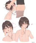  2boys bdone black_shirt blush brown_eyes brown_hair closed_eyes clothed_male_nude_male cross cross_necklace eyelashes fellatio hand_on_another's_face hands_on_another's_head heart highres jewelry kiss lips looking_at_viewer male_focus multiple_boys necklace nipples nude open_mouth oral original shirt simple_background white_background yaoi 