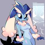  1girl absurdres animal_ears black_sclera breasts colored_sclera commentary completely_nude curvy english_commentary fakemon fins fish_tail furry furry_female fusion grey_background highres looking_at_viewer lopunny medium_breasts neck_fur nude perky_breasts pokemon pokemon_(creature) rabbit_ears rabbit_girl sashley shiny_skin simple_background smile solo tail thick_eyebrows vaporeon vaporunny white_eyes 