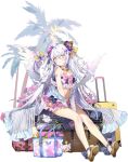  1girl azusa_(blue_archive) azusa_(swimsuit)_(blue_archive) bag bare_shoulders bead_necklace beads between_legs bikini blue_archive blue_bow blush book bow bow_bikini brown_sandals charm_(object) closed_mouth feathered_wings flower footwear_bow frilled_bikini frills full_body game_asset hair_between_eyes hair_flower hair_ornament halo hand_between_own_legs handbag highres jewelry knees_together_feet_apart large_variant_set legs long_hair looking_at_viewer namyo navel necklace official_art palm_tree peroro_(blue_archive) pink_bow pout purple_eyes purple_flower rolling_suitcase ruffle_bikini sandals see-through_clothes see-through_sleeves shoe_soles sidelocks sitting sitting_on_object solo sticker strapless strapless_bikini suitcase swimsuit tachi-e thighs third-party_source transparent_background transparent_bag tree v-shaped_eyebrows variant_set very_long_hair white_hair white_wings wing_ornament wings yellow_bow yellow_halo 