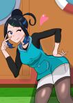  1girl absurdres aqua_hoodie bent_over black_hair blue_eyes blue_hair commentary_request cowlick fake_liko_(pokemon) green_hair_ornament hair_ornament hairclip hand_on_own_hip heart highres hood hooded_vest hoodie loose_hair_strand mature_female one_eye_closed pantyhose pantyhose_under_shorts pokemon pokemon_(anime) pokemon_horizons puzzle4242 shorts sidelocks smile solo swept_bangs tsurime undershirt updo vest white_shorts 