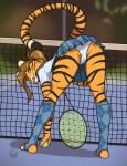  anthro ball bedroom_eyes bottomwear butt clothed clothing digital_media_(artwork) feet felid female fingers footwear fur hair half-closed_eyes holding_ball holding_object holding_tennis_racket inktiger licking licking_lips licking_own_lips looking_at_viewer looking_back mammal narrowed_eyes net outside pantherine panties seductive self_lick skirt socks solo sport stripes tail tennis tennis_ball tennis_court tennis_net tennis_racket tiger toes tongue tongue_out topwear underwear 