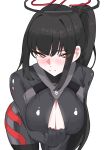  1girl absurdres bent_over black_bodysuit black_hair black_halo blue_archive blush bodysuit bodysuit_pull breasts bright_pupils cleavage commentary_request frust1532 halo highres huge_breasts impossible_bodysuit impossible_clothes large_breasts latex latex_bodysuit leaning_forward long_hair looking_at_viewer multicolored_halo official_alternate_costume official_alternate_hairstyle ponytail presenting_own_breasts red_eyes ringed_eyes rio_(armed)_(blue_archive) rio_(blue_archive) simple_background skin_tight solo split_mouth two-tone_halo white_background white_pupils 
