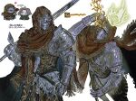  0niku_niku 1boy 1girl 1other ambiguous_gender armor breastplate cape chibi chibi_inset cloak elden_ring full_armor gauntlets greatsword heart helmet holding holding_sword holding_weapon hood hood_up over_shoulder pauldrons shoulder_armor simple_background sword tarnished_(elden_ring) weapon weapon_over_shoulder white_background 