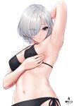  1girl arm_up armpits bangs bare_arms bikini black_bikini breasts bug_bite closed_mouth cowboy_shot from_side grey_hair hair_over_one_eye highres infinote looking_down medium_breasts nail_polish navel original pink_nails sashou_mihiro shiny shiny_hair short_hair side-tie_bikini signature silver_hair simple_background smile solo stomach swimsuit white_background 