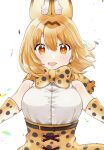  1girl :d animal_ear_fluff animal_ears bare_shoulders bow bowtie breasts brown_eyes commentary_request elbow_gloves eyebrows_behind_hair gloves highres kemono_friends large_breasts light_blush light_brown_hair looking_at_viewer open_mouth serval_(kemono_friends) serval_ears serval_print short_hair simple_background smile solo suicchonsuisui upper_body white_background 