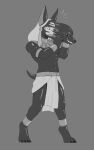  4_toes 5_fingers abs absurd_res accessory ambiguous_gender ambiguous_human anklet anklewear anthro anubis armband athletic athletic_anthro athletic_male biped black_sclera bound bracelet claws clothing deity digitigrade dsaprox egyptian egyptian_clothing egyptian_headdress egyptian_mythology encasement eye_markings feet fingers flat_colors glistening glistening_body grey_background hi_res human human_to_anthro jewelry latex living_latex looking_at_another looking_back male male_anthro mammal markings mask mid_transformation middle_eastern_mythology mischievous_smile monochrome mythology navel nemes nemes_(clothing) nipples open_mouth paws pecs pupils sharp_teeth shendyt shocked simple_background slit_pupils smile snout solo species_transformation standing struggling surprised symbiote tail teeth toe_claws toes tongue transformation usekh wide_eyed worried wristwear 