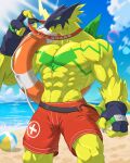  2026 abs absurd_res anthro arm_markings ball bandai_namco barazoku beach beach_ball big_muscles black_clothing black_gloves black_handwear brass_knuckles bulkmon chest_markings claws clothed clothing colored digimon digimon_(species) digital_drawing_(artwork) digital_media_(artwork) eyewear facial_horn finger_claws fingerless_gloves gloves green_eyes green_markings handwear hi_res horn inflatable life_preserver lifeguard lifeguard_swimsuit male markings mask melee_weapon muscular muscular_anthro muscular_male nose_horn outside pecs red_clothing red_sclera scalie sea sh1ron2 shoulder_markings sky solo spikes spikes_(anatomy) swimwear tail tail_markings thick_arms thick_thighs topless water weapon whistle_(object) whistle_around_neck yellow_body yellow_skin yellow_tail 