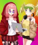  2girls black_choker black_pantyhose black_shorts blonde_hair blue_eyes blunt_bangs bow choker closed_mouth commission computer fire_emblem fire_emblem_awakening fire_emblem_fates green-framed_eyewear hair_bow hands_up headphones headphones_around_neck highres holding holding_laptop hood hood_up hoodie laptop lissa_(fire_emblem) mitama_(fire_emblem) multiple_girls pantyhose pink_hair purple-tinted_eyewear red_bow red_hoodie red_skirt rynn_(darknescorez) second-party_source shorts skirt star-shaped_pupils star_(symbol) symbol-shaped_pupils tinted_eyewear torn_clothes torn_pantyhose twintails 