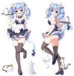  1girl :d :o animal animal_ear_fluff animal_ear_legwear animal_ears apron ass bangs bare_shoulders bell black_bow black_dress black_footwear blue_hair blush bow brown_legwear cat cat_ear_legwear cat_ears cat_girl cat_tail closed_mouth commentary_request cup detached_sleeves dress eyebrows_visible_through_hair frilled_apron frilled_dress frills from_behind hair_between_eyes hand_up holding holding_tray jingle_bell looking_at_viewer looking_back maid maid_headdress mauve multiple_views open_mouth original panties parted_lips puffy_short_sleeves puffy_sleeves purple_bow purple_eyes shoe_soles shoes short_sleeves sleeveless sleeveless_dress smile standing standing_on_one_leg tail tail_bow tail_ornament teacup teapot thighhighs tray twintails underwear waist_apron wavy_mouth white_apron white_cat white_panties white_sleeves 