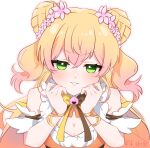  1girl arm_garter bell blonde_hair blush bow bowtie breasts brown_bow brown_bowtie cleavage cleavage_cutout clothing_cutout commentary_request crossed_bangs double_bun flower frilled_shirt frills fuyumi_iyo gradient_hair green_eyes hair_bun hair_flower hair_ornament hands_up hololive jingle_bell long_hair looking_at_viewer momosuzu_nene multicolored_bow multicolored_bowtie multicolored_hair neck_bell orange_bow orange_bowtie orange_shirt peach_ornament pink_flower pink_hair shirt simple_background smile solo twitter_username two_side_up upper_body virtual_youtuber white_background yellow_bow yellow_bowtie 