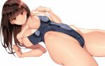  1girl bangs bare_shoulders blush breasts brown_eyes brown_hair cleavage collarbone covered_navel covered_nipples crotch deep_skin grey_swimsuit highleg highleg_swimsuit large_breasts long_hair looking_at_viewer lying on_back one-piece_swimsuit original parted_lips saburou_(hgmg) simple_background swimsuit thighs white_background 