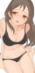  1girl arm_support arms_at_sides barefoot black_bra blush bow bow_bra bow_panties bra breasts brown_hair character_request check_character check_copyright commentary_request copyright_request from_above harada_(typeharada) highres kunikida_hanamaru large_breasts long_hair looking_at_viewer looking_up love_live! love_live!_sunshine!! navel open_mouth panties raised_inner_eyebrows simple_background sitting solo stomach underwear underwear_only wariza white_background yellow_eyes 