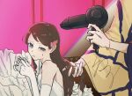  1boy 1girl arm_warmers bare_shoulders behind_another blue_eyes bow brown_hair commentary_request dress drying drying_another's_hair drying_hair ghetsis_(pokemon) hair_dryer hand_in_another's_hair high_contrast highres hilda_(pokemon) holding_another's_hair indoors inuka_48 looking_back pink_background pink_bow pokemon pokemon_black_and_white robe upper_body wavy_hair wedding_dress white_arm_warmers white_dress wind yellow_robe 