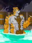  absurd_res alcohol anthro barazoku barrel beer beverage body_hair chest_hair chest_tuft dnd5e dungeons_and_dragons fantasy felid fence hasbro hi_res hot_spring hot_tub huang_chi_(dnd) humanoid jadethecat-real jewelry jewelry_only male mammal muscular muscular_anthro muscular_male night pantherine pubes solo star steam striped_body stripes tiger tuft water werecreature werefelid werepantherine weretiger wizards_of_the_coast wood wood_fence 