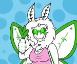  2_fingers abstract_background antennae_(anatomy) arthropod female fingers fur green_eyes hair insect insect_wings lepidopteran luna_moth mane mane_hair miss_moth moth multi_arm multi_limb saturniid smile solo white_body white_fur wings 