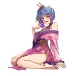  1girl alternate_costume bare_shoulders barefoot blunt_bangs breasts choker cleavage commentary cross-laced_clothes drill_hair drill_ponytail eyeshadow fang finger_to_cheek floral_print floral_print_kimono flower full_body gradient_hair grey_hair hair_flower hair_ornament hand_up high_side_ponytail highres japanese_clothes kimono large_breasts long_sleeves looking_at_viewer lotus_hair_ornament makeup medium_hair multicolored_hair no_panties obi obijime one_side_up open_clothes open_kimono open_mouth pink_kimono print_kimono purple_choker purple_hair purple_nails red_eyeshadow ryushi_(yushi) sash see-through_clothes see-through_sleeves side_ponytail side_slit simple_background sitting solo v4mirai virtual_youtuber wariza white_background yae_yugiri yellow_eyes 