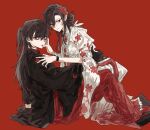  2girls ariake_(ooe) arm_sling bandaged_arm bandages black_hair black_sleeves blush chinese_clothes commentary_request eyeliner eyeshadow floral_print flower full_body fully_genderswapped_group genderswap genderswap_(mtf) hair_between_eyes hair_flower hair_ornament half_updo hand_on_another's_face hand_on_another's_shoulder hand_on_another's_waist hand_on_floor hanfu highres jewelry layered_sleeves lipstick long_hair long_sleeves looking_at_viewer makeup multiple_girls on_ground ooe_(game) oosaki_(ooe) parted_lips pink_lips red_background red_eyes red_eyeshadow ring smile straddling swept_bangs watch wide_sleeves wristwatch yigemoming2333 yuri 