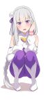 1girl absurdres bare_shoulders bodysuit boots braid breasts clothing_cutout commentary crown_braid elf emilia_(re:zero) flower grey_hair hair_flower hair_ornament hair_ribbon hand_in_own_hair highres knee_boots large_breasts light_blush long_hair long_sleeves looking_at_viewer na-suke open_mouth pointy_ears purple_bodysuit purple_eyes purple_ribbon re:zero_kara_hajimeru_isekai_seikatsu ribbon rose shadow shoulder_cutout simple_background skin_tight solo squatting very_long_hair white_background white_boots white_flower white_rose x_hair_ornament 