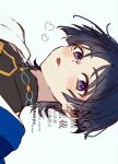  1boy :p black_bodysuit black_hair blue_cape blunt_ends blush bodysuit cape commentary_request covered_collarbone eyeliner genshin_impact highres japanese_clothes kimono looking_at_viewer makeup male_focus mandarin_collar mofubii purple_eyes red_eyeliner scaramouche_(genshin_impact) shoulder_peek side_cape sideways solo tongue tongue_out tsurime twitter_username wanderer_(genshin_impact) watermark white_background white_kimono wispy_bangs 