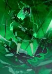  1girl absurdres black_dress black_leggings black_rock_shooter chain dead_master dress glasses green_horns high_heels highres horns leggings scythe skato_yunika skeletal_hand skeletal_wings solo veil wings 