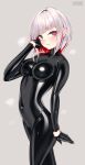  bodysuit breasts colored_inner_hair covered_navel grey_hair highres impossible_bodysuit impossible_clothes large_breasts latex latex_bodysuit looking_at_viewer love_live! love_live!_hasu_no_sora_jogakuin_school_idol_club maguro27 medium_hair multicolored_hair red_eyes red_hair skin_tight yugiri_tsuzuri 