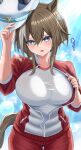  1girl absurdres animal_ears blue_eyes blush breasts brown_hair cheval_grand_(umamusume) commentary_request gym_uniform hair_between_eyes hat highres horse_ears horse_girl horse_tail jacket jersey large_breasts long_sleeves multicolored_hair pants red_jacket red_pants red_track_suit shikachi solo streaked_hair tail tracen_training_uniform track_jacket track_pants track_suit umamusume white_hair white_hat 