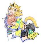  2girls agnes_tachyon_(tach-nology)_(umamusume) agnes_tachyon_(umamusume) ahoge animal_ear_piercing animal_ears black_shirt black_skirt blonde_hair braid brown_hair chemical_structure coat commentary constricted_pupils earrings fang hair_between_eyes half_up_braid half_up_half_down_braid hand_on_another's_waist head_hug highres horse_ears horse_girl horse_tail jacket jewelry jungle_pocket_(champion's_battle_cry)_(umamusume) jungle_pocket_(umamusume) lab_coat leopard_print_skirt light_blush looking_at_another medium_hair midriff multicolored_hair multiple_girls notched_ear ponytail red_eyes rogro_hakaosita shirt short_ponytail single_earring single_sleeve_past_fingers sitting skirt sleeves_past_fingers sleeves_past_wrists streaked_hair sweater sweater_vest tail tail_raised teeth tongue tongue_out umamusume upper_teeth_only white_coat white_streaks wolf_cut yellow_eyes yellow_jacket yellow_sweater yellow_sweater_vest yuri 