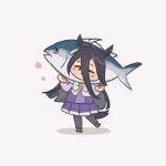  1girl black_hair blush bow bowtie chibi chibi_only closed_eyes commentary dancing english_commentary facing_viewer fish full_body grey_background hair_between_eyes headpiece long_hair manhattan_cafe_(umamusume) manhattan_cafe_holding_a_fish_(meme) meme pleated_skirt purple_shirt purple_skirt rizumah school_uniform shirt simple_background skirt solo tracen_school_uniform umamusume 