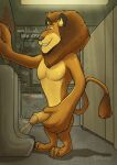  2025 absurd_res alex_(madagascar) anthro bathroom black_nose blue_eyes bodily_fluids dasoka dreamworks english_text fangs felid genital_fluids genitals graffiti graffiti_on_wall hi_res lion madagascar_(series) male mammal pantherine peeing penis public_restroom restroom_stall solo teeth text toothy_smile urinal urine 