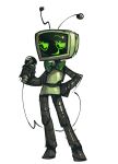  1girl :d bow bowtie commentary_request contrapposto dandy's_world fewer_digits film_grain flat_chest full_body green_bow green_bowtie green_eyes hand_on_own_hip hand_up highres holding holding_microphone humanoid_robot korean_commentary looking_to_the_side mechanical_arms mechanical_legs microphone no_pupils object_head open_mouth radio_antenna roblox robot ron_just000 simple_background single_eyebrow smile solo standing television traditional_bowtie vee_(dandy's_world) white_background 