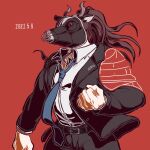  1boy belt black_belt black_pants brown_hair clenched_hand collared_shirt commentary_request cow_mask cowboy_shot danganronpa_(series) danganronpa_3_(anime) dated formal great_gozu jacket kiri_(2htkz) long_hair long_sleeves male_focus mask necktie pants ponytail red_background shirt solo suit white_shirt wrestling_mask 