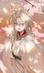  1boy absurdres antlers blue_eyes cherry_blossoms chinese_clothes collar commentary_request cowboy_shot day deer_antlers deer_boy dot_nose eyelashes falling_petals flower hair_between_eyes hair_ribbon hair_rings hanfu happy highres horns kohanai_setsuna light_blush long_hair lower_teeth_only luming_(shining_nikki) male_focus nikki_(series) open_mouth outdoors petals pink_flower red_ribbon ribbon robe shade shining_nikki smile solo spring_(season) teeth tree under_tree white_collar white_hair white_hanfu white_robe yunjian 