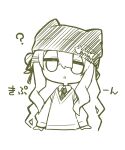  1girl :o ? absurdres animal_ears animal_hat beanie chibi collared_shirt commentary_request cropped_torso fake_animal_ears hair_between_eyes hair_bun hat highres long_hair long_sleeves monochrome necktie original parted_lips puffy_long_sleeves puffy_sleeves shirt simple_background single_side_bun sleeves_past_wrists solo sweater translation_request upper_body very_long_hair white_background yuune_(ayanepuna) 