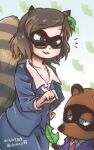  2016 :3 animal_crossing animal_humanoid anthro blue_eyes brown_eyes business_suit canid canid_humanoid canine canine_humanoid chamaji clothing crossover dated duo eyewear facial_markings female gesture glasses hand_gesture head_markings hi_res holding_leaf humanoid leaf male mamizou_futatsuiwa mammal mammal_humanoid markings mask_(marking) nintendo pointing raccoon_dog smile suit tanuki tanuki_humanoid tom_nook_(animal_crossing) touhou wearing_glasses 