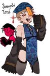  1boy :d alternate_costume animification black_panties black_sleeves black_thighhighs blue_dress blue_hat brown_hair character_name chinese_clothes commentary cropped_legs crossdressing crossdressing_(mtf) detached_sleeves dress eddsworld english_commentary english_text floral_print garter_straps hat hat_ornament highres jiangshi jiangshi_costume lace lace-trimmed_sleeves lace_panties lace_trim long_sleeves looking_at_viewer male_focus multiple_views ofuda ofuda_on_head open_mouth panties profanity punchi_(punchiiz3) qingdai_guanmao red_eyes revealing_clothes see-through_clothes see-through_thighhighs short_hair simple_background sleeves_past_fingers sleeves_past_wrists smile solo_focus talisman thighhighs tord_(eddsworld) underwear white_background 
