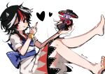  2girls :d barefoot black_hair blue_bow blue_bowtie blush bow bowl bowl_hat bowtie bracelet commentary dress gold_bracelet hat heart holding holding_mini_person horns japanese_clothes jewelry kijin_seija kimono kiwi_(x_x915) looking_at_viewer medium_hair middle_finger mini_person multicolored_hair multiple_girls nail_polish open_mouth purple_hair red_eyes red_kimono red_nails short_sleeves sitting smile sukuna_shinmyoumaru tongue tongue_out touhou twitter_username untranslatable_commentary v white_background white_dress wide_sleeves 
