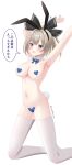 absurdres arm_up armpits blonde_hair blue_eyes breasts cleavage commentary_request highres kaze_(starward) large_breasts maebari navel open_mouth pasties ponytail reverse_bunnysuit reverse_outfit ribbon starward starward_nero thighhighs 