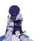  1boy arm_at_side armor armpit_crease belt black_belt black_bodysuit black_bow black_bridal_gauntlets black_hair black_shorts blue_kimono blue_sleeves blunt_ends bodysuit bow bridal_gauntlets broken_cable dated facing_down furisode genshin_impact gold_ring hakama hakama_shorts hand_on_own_arm hand_up head_down japanese_armor japanese_clothes juban kimono knee_up kote kurokote layered_sleeves leg_warmers male_focus middle_ring open_clothes open_kimono pleated_shorts purple_rope purple_sash rope sash scaramouche_(genshin_impact) short_sleeves shorts single_bare_shoulder single_off_shoulder sitting solo tassel torn_clothes torn_kimono umigasa wanderer_(genshin_impact) white_background white_kimono white_leg_warmers white_sleeves white_trim wispy_bangs 