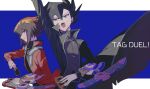 2boys arm_out_of_frame arm_up behind_another black_coat black_hair black_shirt blue_background brown_eyes brown_hair card coat commentary_request duel_disk english_text facing_to_the_side hai_(haihki) high_contrast highres holding holding_card jacket letterboxed long_sidelocks looking_to_the_side male_focus manjoume_jun multiple_boys open_clothes open_coat open_jacket open_mouth outstretched_arm popped_collar red_jacket shirt sidelocks spiked_hair wind yu-gi-oh! yu-gi-oh!_gx yuki_judai 