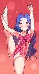  1girl ass_visible_through_thighs blue_eyes bow commentary_request gradient_background highres inarou_(rakugakiproject) long_hair megido72 naked_ribbon petite red_background red_bow red_eyes red_ribbon ribbon smile solo split standing standing_on_one_leg standing_split star_(symbol) star_print very_long_hair vine_(megido72) wavy_hair 