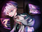  1boy :p absurdres blue_eyes character_name coat commentary crt dark_background fisheye gloves grey_gloves grey_hair happy_birthday heterochromia highres himitsu_toki leaning_forward looking_at_viewer male_focus monitor outstretched_hand reverse:1999 short_hair solo tongue tongue_out twitter_username upper_body white_coat x_(reverse:1999) yellow_eyes 