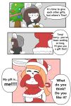  absurd_res anthro beanie black_clothing black_shirt black_topwear breasts brown_hair butt chinchilla chinchillid christmas christmas_clothing christmas_decorations christmas_dress christmas_headwear christmas_tree cleavage clothed clothing comic dialogue dress duo eyelashes female garter_straps gift grey_beanie grey_clothing grey_hat grey_headwear hair hat headgear headwear hi_res holidays lagomorph leporid long_hair male mammal navel orange_hair plant rabbit red_clothing rodent santa_hat shirt short_tail speech_bubble tail text tina_(tonytoran) tony_(tonytoran) tonytoran topwear tree 