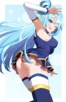  1girl aqua_(konosuba) ass blue_eyes blue_hair blue_shirt blue_skirt boots bottomless breasts bunny1219 detached_sleeves from_behind hair_rings highres kono_subarashii_sekai_ni_shukufuku_wo! long_hair medium_breasts miniskirt shirt skirt solo thigh_boots thighhighs thighhighs_under_boots 