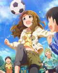  >_< 2girls 3boys :d ball brown_hair card_commentary commentary_request day faceless faceless_male floral_print floral_print_shirt game_asset green_shorts idolmaster idolmaster_million_live! idolmaster_million_live!_theater_days leg_up long_hair long_sleeves miyao_miya multiple_boys multiple_girls navel official_art open_mouth outdoors playground print_shirt purple_eyes shimabara_elena shirt shorts smile soccer_ball standing standing_on_one_leg third-party_source water_drop yellow_shirt 