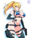  1girl absurdres artist_name belt belt_buckle belt_pouch bikini black_gloves blonde_hair blue_bikini blue_chaps blue_eyes blue_nails blush bracelet breasts buckle chest_harness cleavage commentary_request detached_sleeves elbow_gloves fingerless_gloves gloves gun handgun harness highres holding holding_gun holding_weapon holster jarckius jewelry large_breasts long_hair looking_at_viewer metroid multiple_thigh_straps nail_polish navel original ponytail pouch samus_aran side-tie_bikini_bottom simple_background solo stomach swimsuit thigh_holster thigh_strap thighhighs thighs weapon white_background 