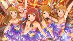  5girls :d ^_^ ahoge arm_up black_gloves blue_eyes blue_feathers breasts brown_hair card_commentary cleavage closed_eyes commentary_request feather_hair_ornament feathers game_asset gloves hair_ornament hairclip idol idolmaster idolmaster_million_live! idolmaster_million_live!_theater_days kousaka_umi layered_skirt long_hair miyao_miya multiple_girls official_alternate_costume official_art ogami_tamaki open_mouth orange_hair purple_skirt red_eyes red_hair skirt smile tanaka_kotoha third-party_source tokoro_megumi 