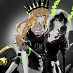  2272kaku 2girls black_crown black_dress black_hair black_leggings black_rock_shooter blonde_hair chariot_(black_rock_shooter) commentary_request crown dead_master dress green_eyes green_horns highres horns leggings long_hair mechanical_legs multiple_girls pale_skin veil wheel wheeled_leg(s) yellow_eyes yuri 